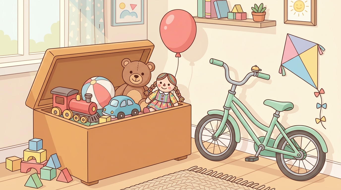 Boîte à jouets de Karim avec train, ballon, voiture, ours en peluche, poupée, blocs, vélo, ballon et cerf-volant